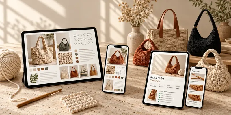Guía 40 Bolsos a Crochet en tableta y celular, con bolsos de crochet terminados